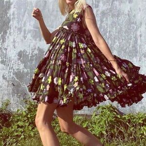 Rare Innika Choo Izzy  Ruffle Tiered Ramie Printed Mini Dress size S